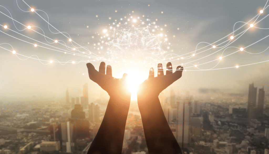 Hands stretching out to the world