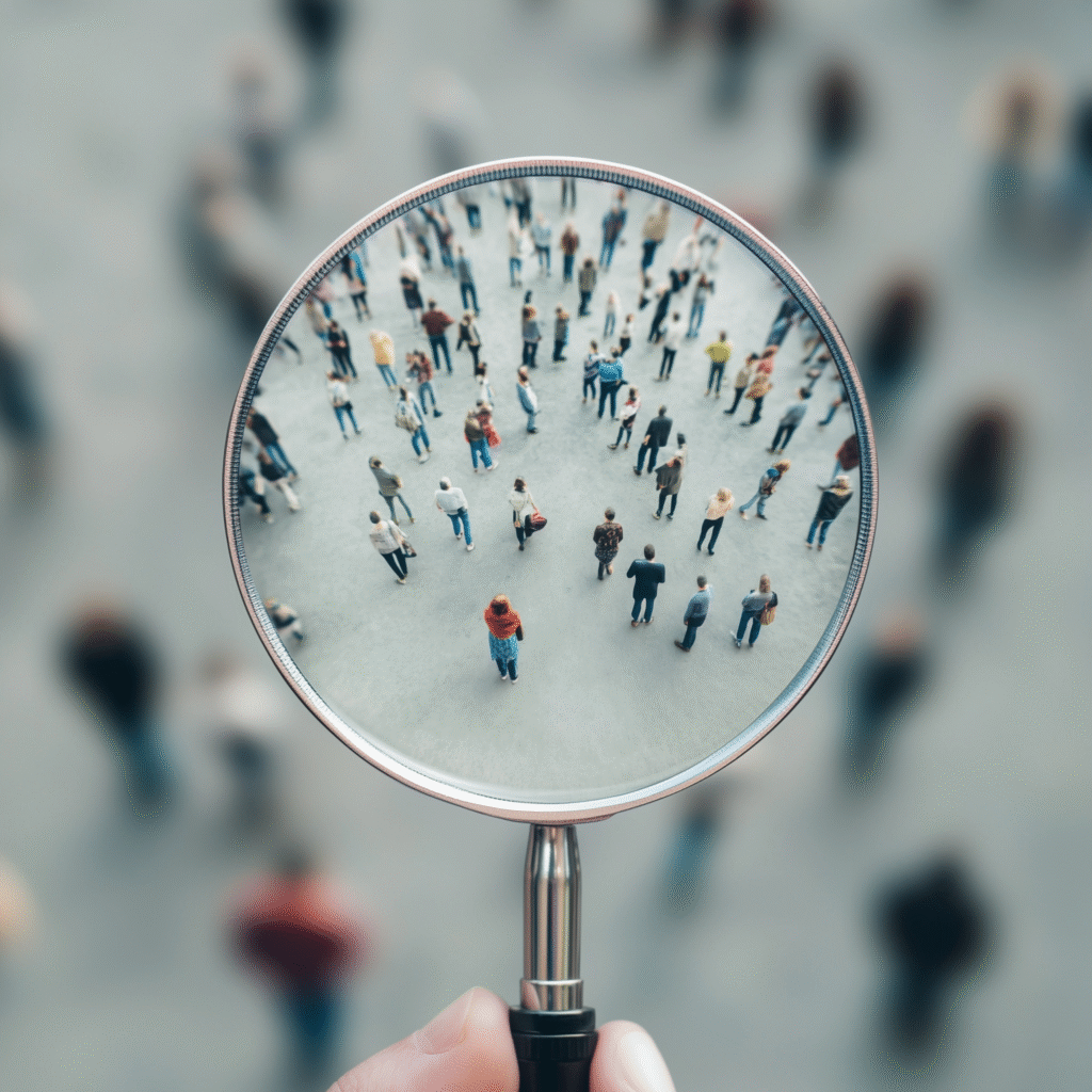 Point of view of someone looking through a magnifying glass over a crowd of people.