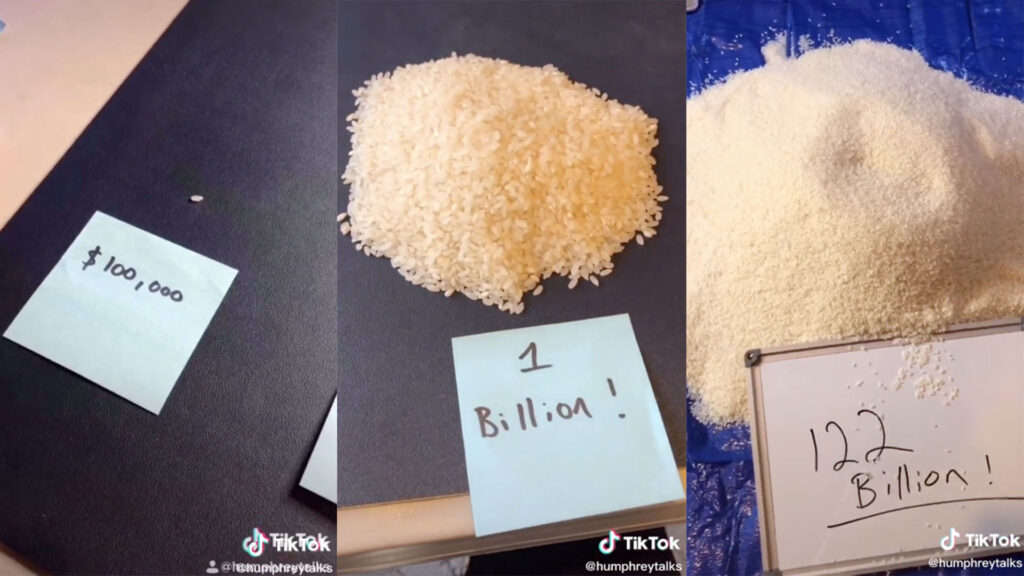 Using grains of rice, we visually see the vast difference between 1 million and billion.