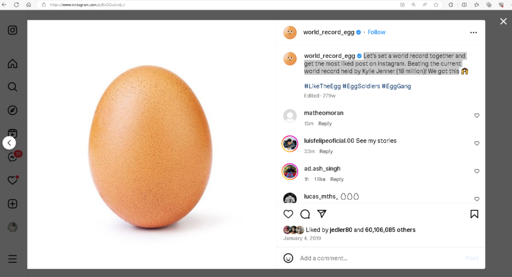 The Instagram post with a brown egg that received 60 million likes.