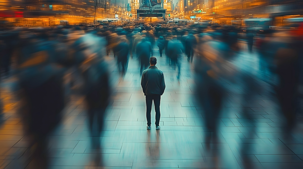 man stands in crowd as they all blur past him Stock Photos Limitations: Exploring the Negatives